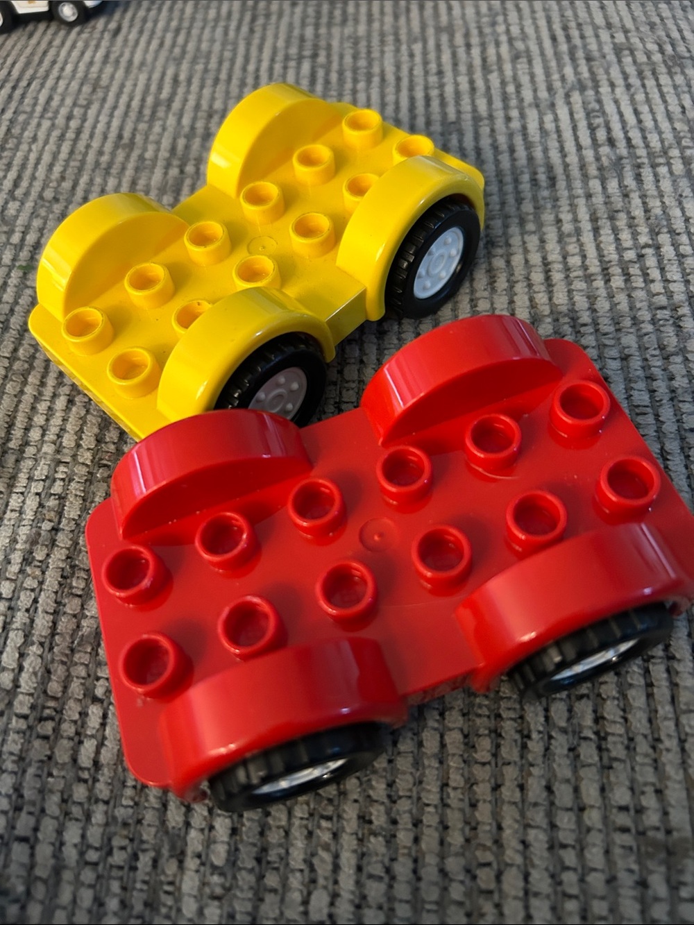 Lego Duplo Yellow Car Base Vehicle and Red car base (both) black wheels toys
